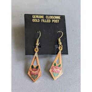 Vintage Taiwan Cloisonné Earrings – Art Nouveau Floral Dangles, Gold Filled NOS